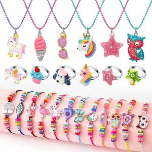 NEW 24 Pcs Little Girl Jewelry Kids Unicorn Necklace Cute Woven Bracelet, Ring
